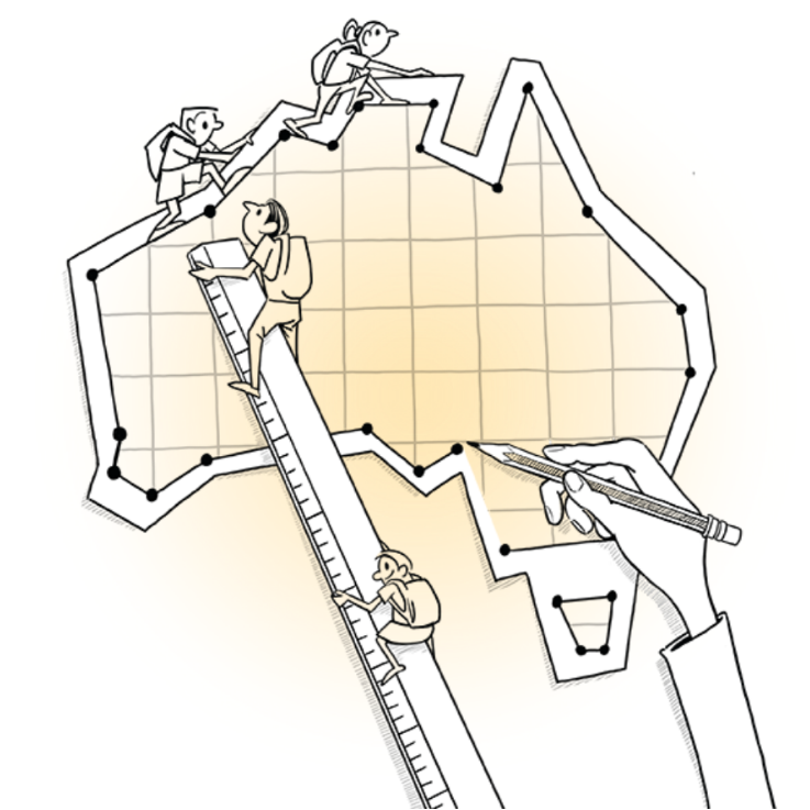 Illustration of school students using a ladder to scale a map of Australia