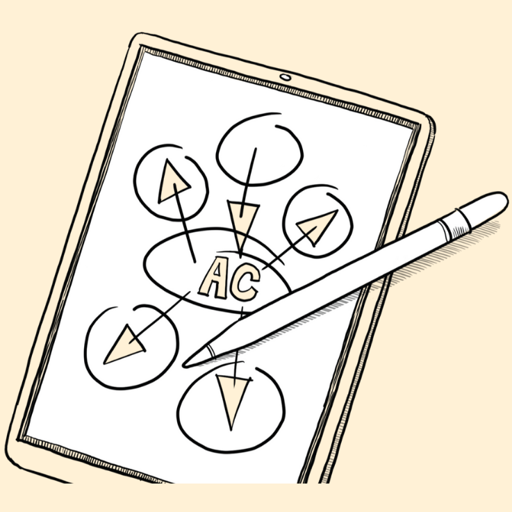Illustration of tablet with 'AC' and arrows on the screen 